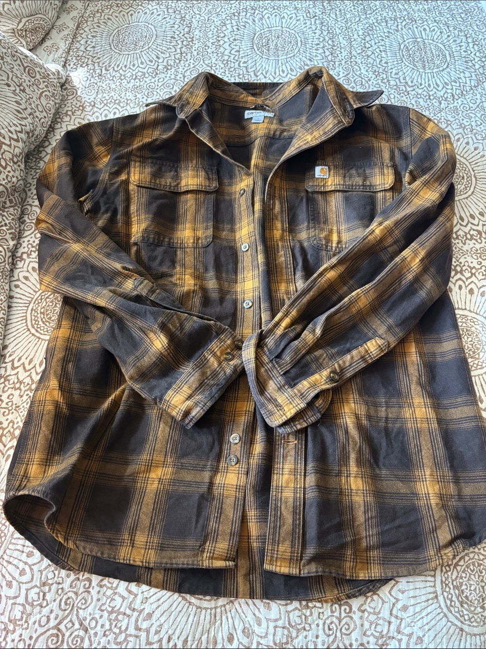 Carhartt Men’s Black & Gold Plaid Button-Up Work Shirt